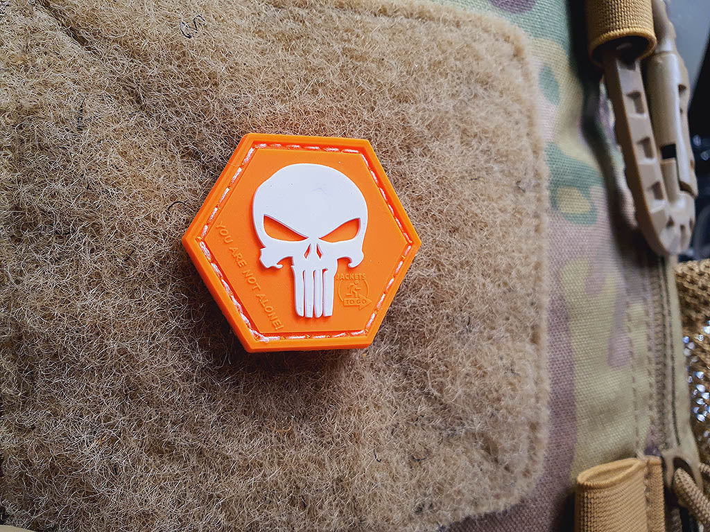 Punisher “YOU ARE NOT ALONE” Patch, orange-white, Hexagon Patch, 3D Rubber Patch