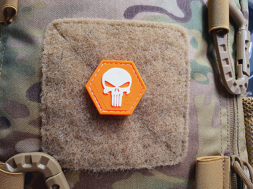 Punisher “YOU ARE NOT ALONE” Patch, orange-white, Hexagon Patch, 3D Rubber Patch