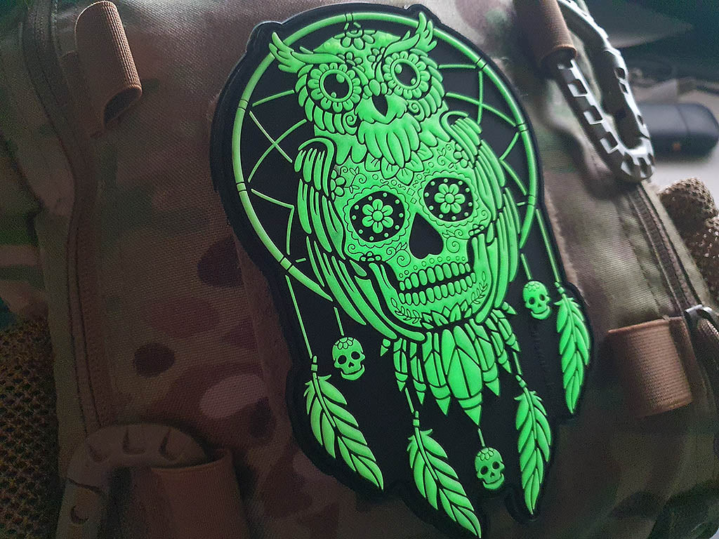 Calavera Owl Dreamcatcher, Traumfänger Patch, gid nachleuchtend / 3D Rubber Patch