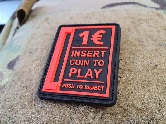 Insert Coin to Play Patch, fire-red on black, 3D Rubber Patch