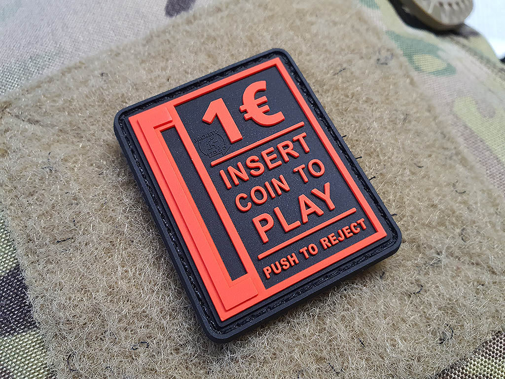 Insert Coin to Play Patch, fire-red on black, 3D Rubber Patch