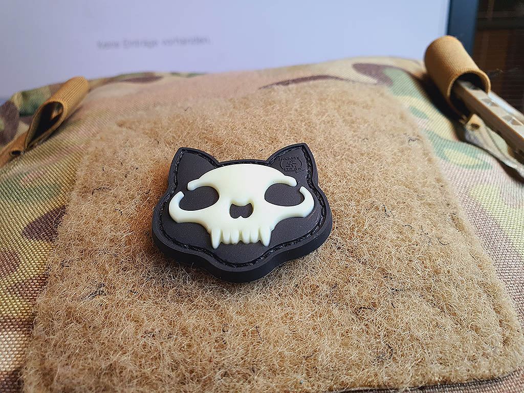 Nightmare Skull Cat Patch klein Nr.2, gid (leuchtet im Dunkeln), 3D Rubber Patch