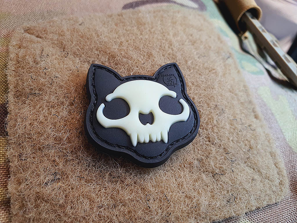 Nightmare Skull Cat Patch klein Nr.2, gid (leuchtet im Dunkeln), 3D Rubber Patch