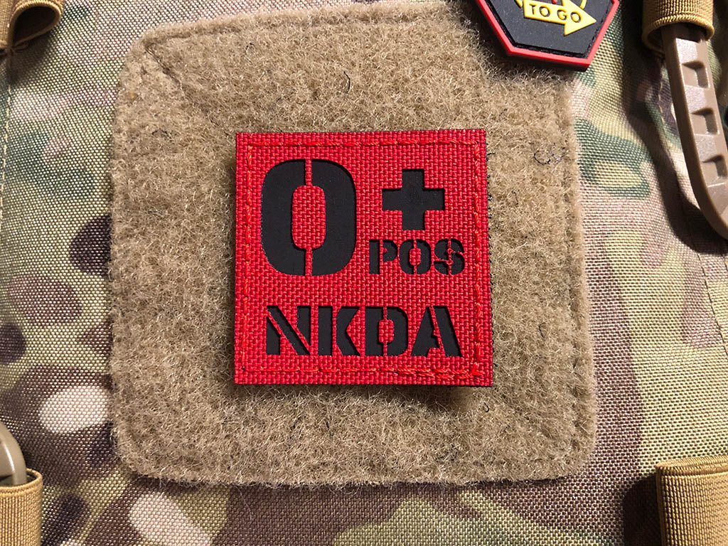 Blood groups 0 pos NKDA, laser cut patch, signal red black, with Velcro backing
