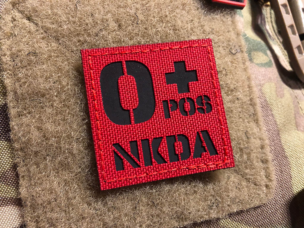 Blood groups 0 pos NKDA, laser cut patch, signal red black, with Velcro backing