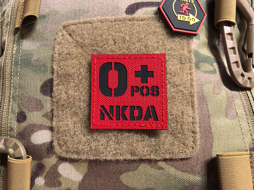 Blood groups 0 pos NKDA, laser cut patch, signal red black, with Velcro backing